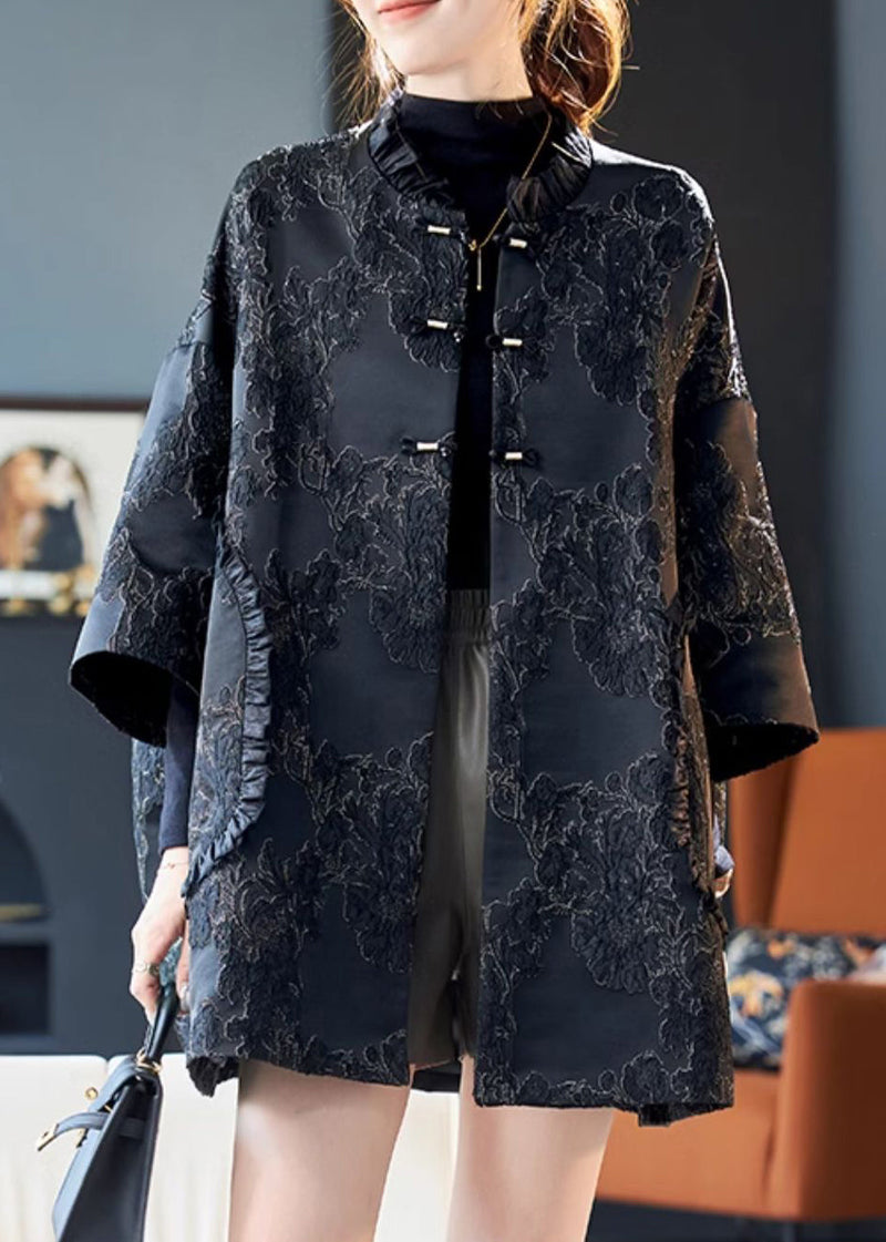 Jacquard Black Ruffled Button Cotton Coats Bracelet Sleeve Ab1025