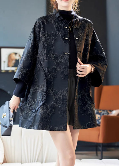 Jacquard Black Ruffled Button Cotton Coats Bracelet Sleeve Ab1025