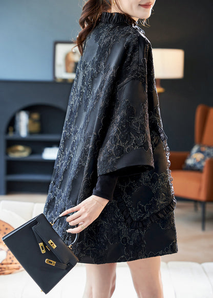 Jacquard Black Ruffled Button Cotton Coats Bracelet Sleeve Ab1025
