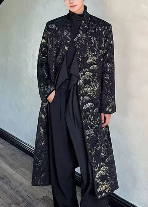 Jacquard Black Side Open Tie Waist Long Coats Fall Ro028