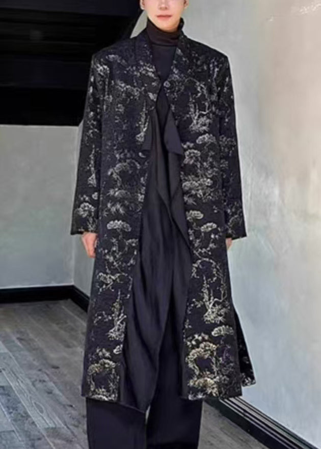 Jacquard Black Side Open Tie Waist Long Coats Fall Ro028