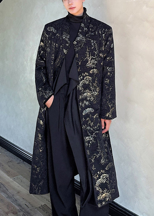 Jacquard Black Side Open Tie Waist Long Coats Fall Ro028