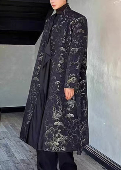 Jacquard Black Side Open Tie Waist Long Coats Fall Ro028