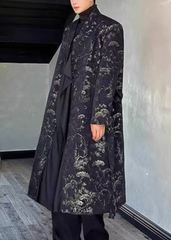 Jacquard Black Side Open Tie Waist Long Coats Fall Ro028