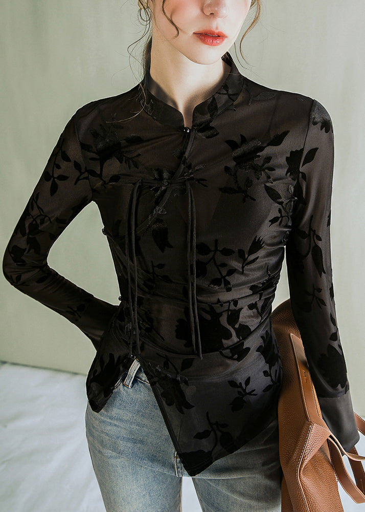 Jacquard Black Stand Collar Button Tulle Blouses Al1045