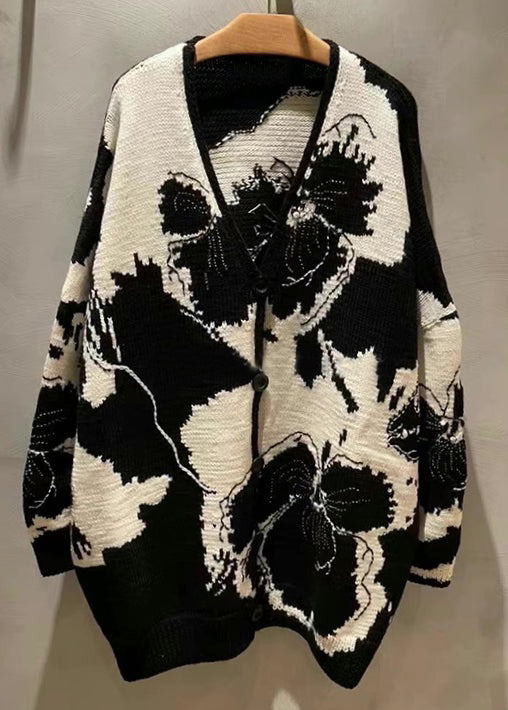 Jacquard Black V Neck Button Patchwork Knit Coat Long Sleeve Qa1045