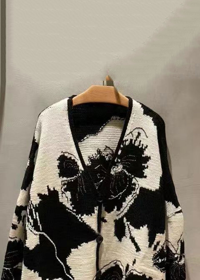 Jacquard Black V Neck Button Patchwork Knit Coat Long Sleeve Qa1045