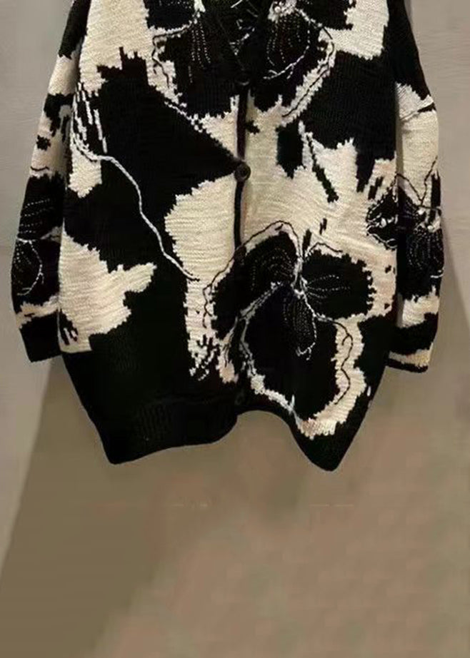 Jacquard Black V Neck Button Patchwork Knit Coat Long Sleeve Qa1045