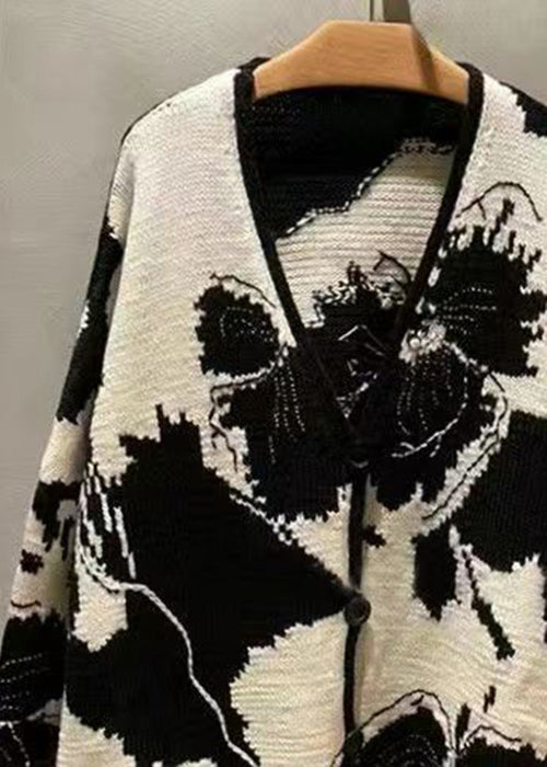 Jacquard Black V Neck Button Patchwork Knit Coat Long Sleeve Qa1045