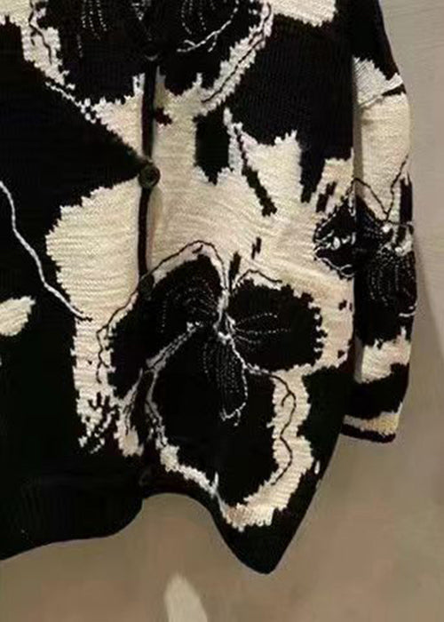 Jacquard Black V Neck Button Patchwork Knit Coat Long Sleeve Qa1045
