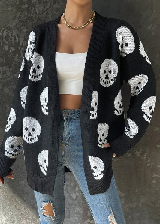 Jacquard Black V Neck Cozy Knit Cardigans Long Sleeve Ae1016
