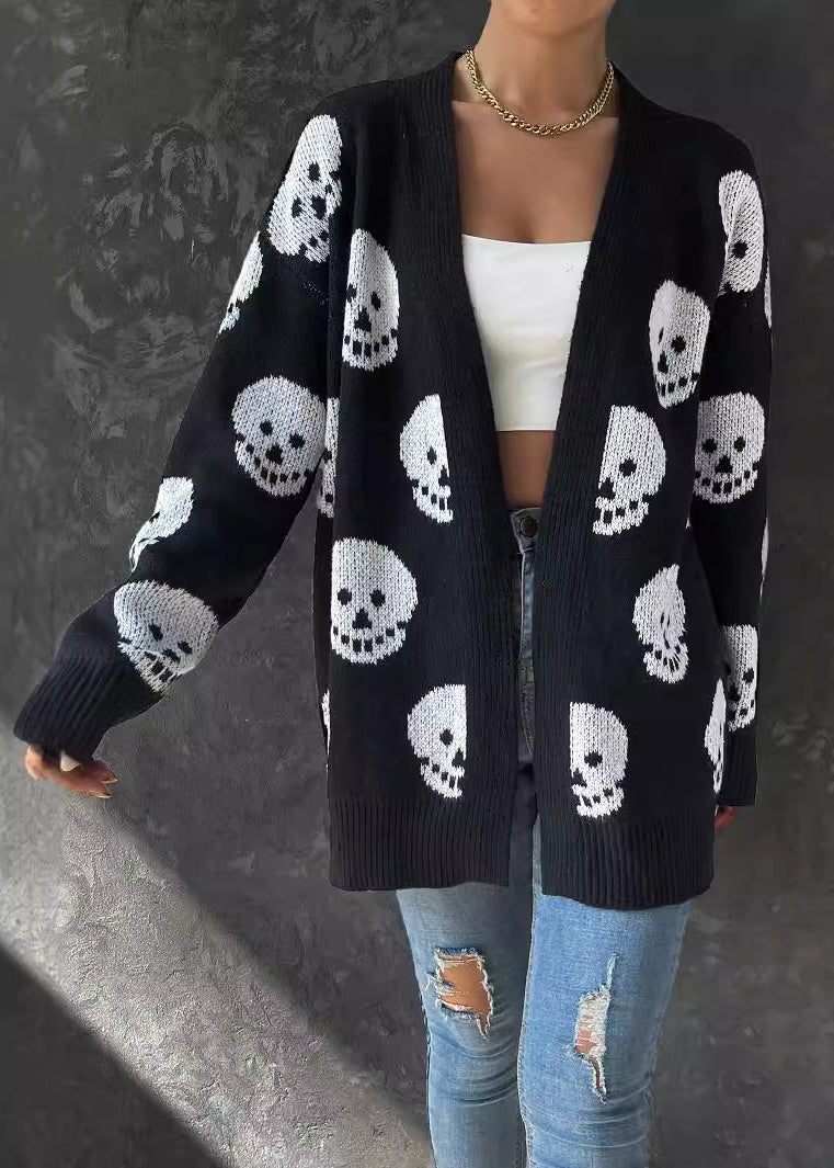 Jacquard Black V Neck Cozy Knit Cardigans Long Sleeve Ae1016