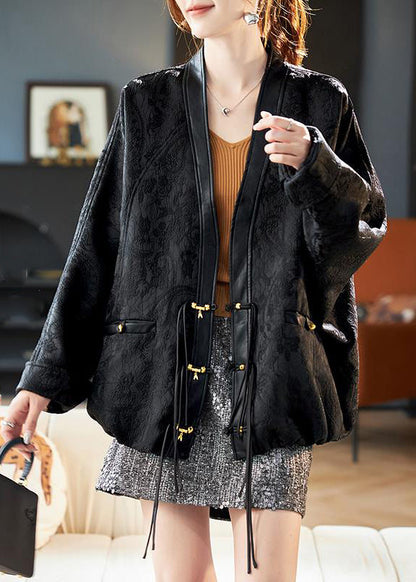 Patchwork Batwing Black Sleeve Coats V Neck Jacquard