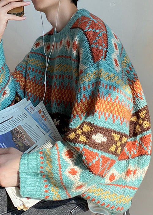 Jacquard Blue O Neck Cozy Knit Sweaters Fall Qh027