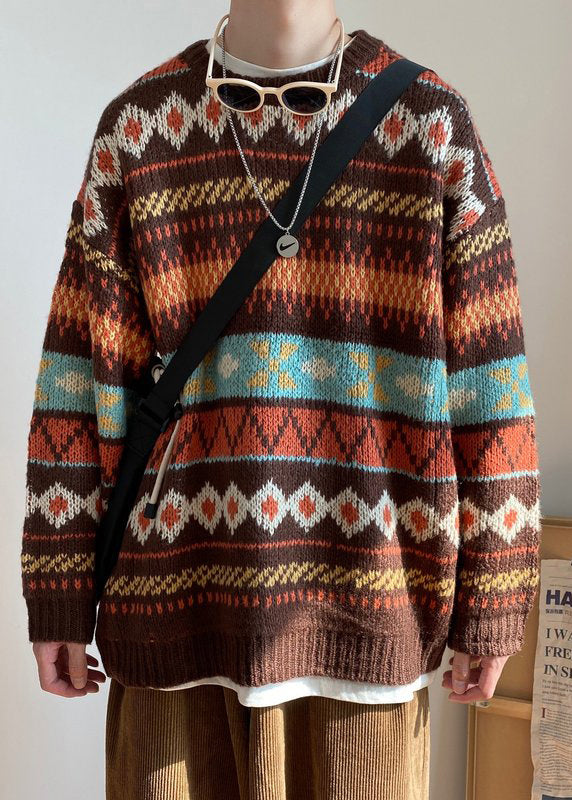 Jacquard Blue O Neck Cozy Knit Sweaters Fall Qh027