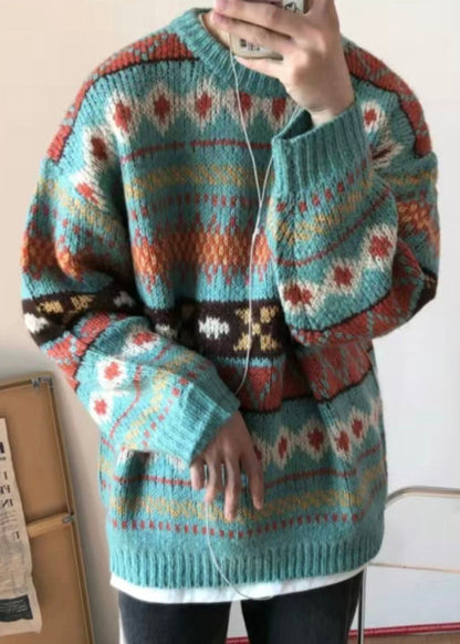 Jacquard Blue O Neck Cozy Knit Sweaters Fall Qh027