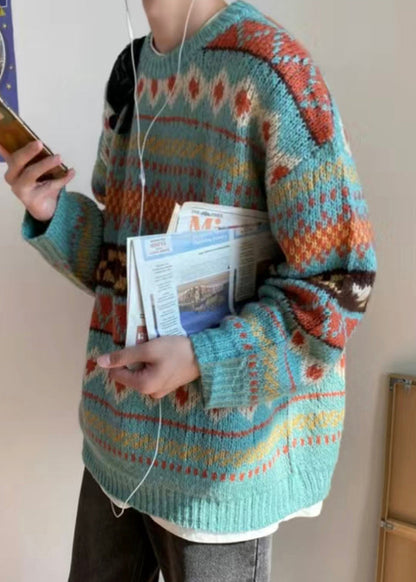 Jacquard Blue O Neck Cozy Knit Sweaters Fall Qh027