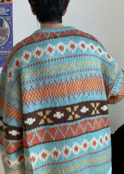Jacquard Blue O Neck Cozy Knit Sweaters Fall Qh027