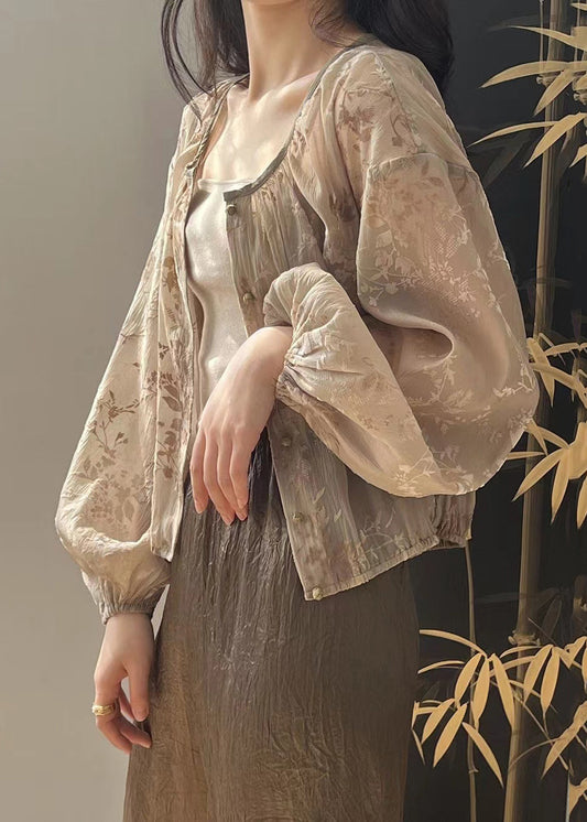 Jacquard Brown O Neck Button Coats Long Sleeve Op1051