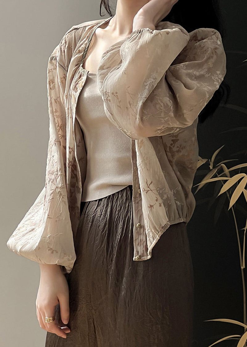 Jacquard Brown O Neck Button Coats Long Sleeve Op1051