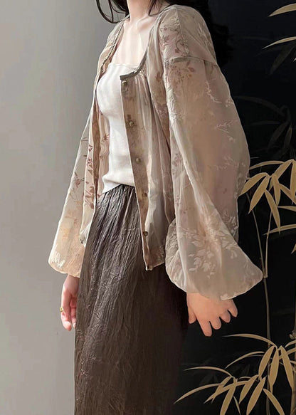 Jacquard Brown O Neck Button Coats Long Sleeve Op1051