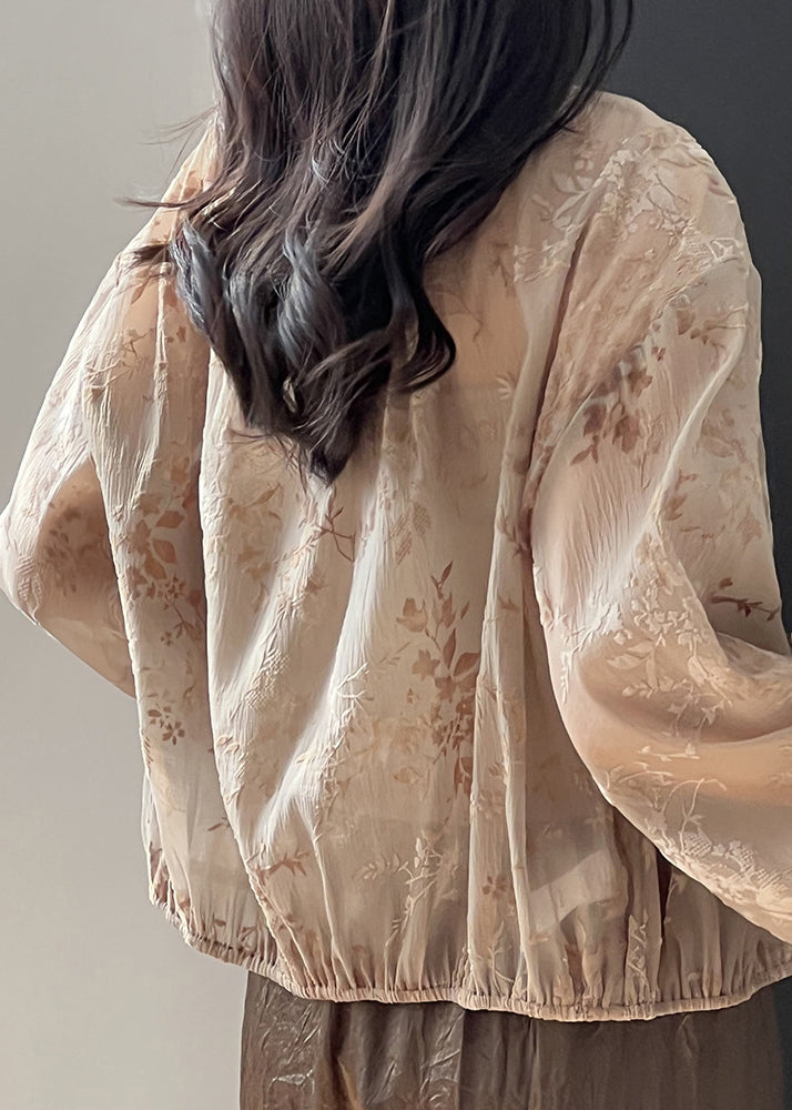 Jacquard Brown O Neck Button Coats Long Sleeve Op1051