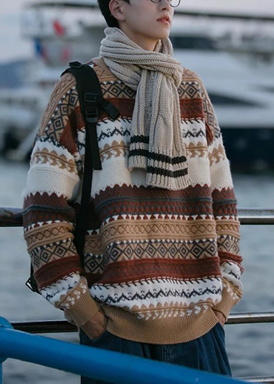 Jacquard Brown O Neck Cozy Knit Sweaters Fall Qh019