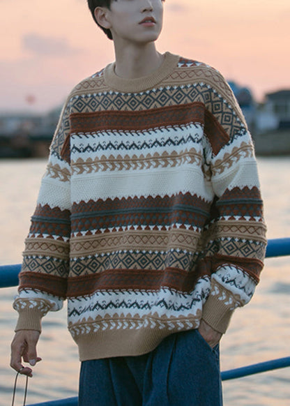 Jacquard Brown O Neck Cozy Knit Sweaters Fall Qh019