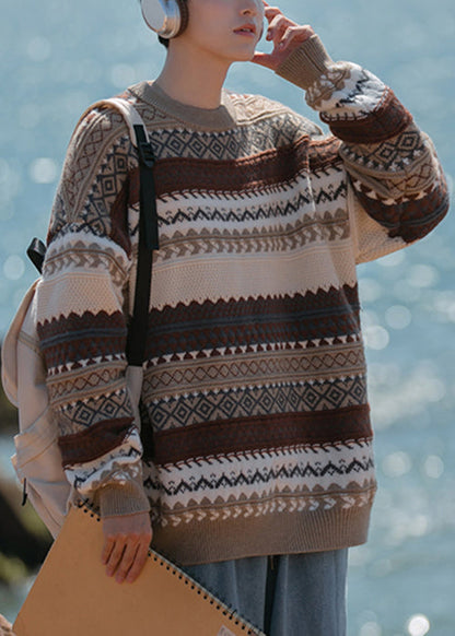 Jacquard Brown O Neck Cozy Knit Sweaters Fall Qh019