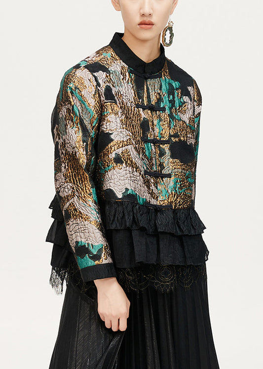 Jacquard Coffee Ruffled Button Cotton Coat Long Sleeve Qa1057