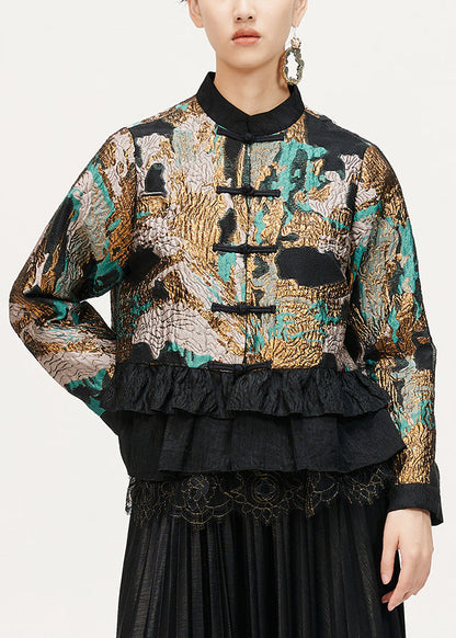 Jacquard Coffee Ruffled Button Cotton Coat Long Sleeve Qa1057