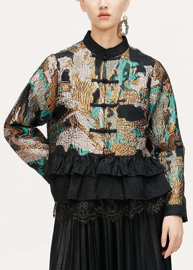 Jacquard Coffee Ruffled Button Cotton Coat Long Sleeve Qa1057