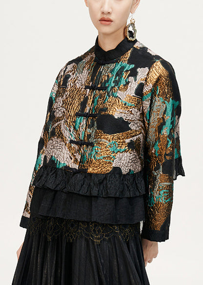Jacquard Coffee Ruffled Button Cotton Coat Long Sleeve Qa1057