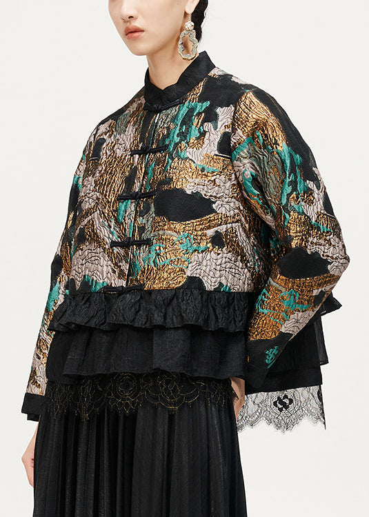 Jacquard Coffee Ruffled Button Cotton Coat Long Sleeve Qa1057