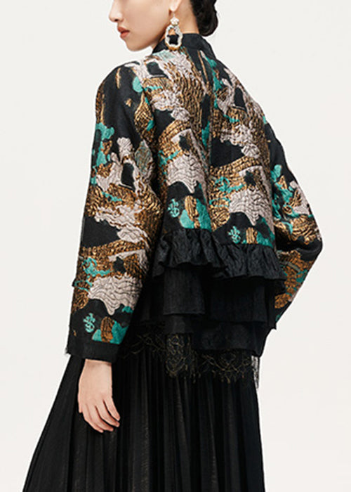 Jacquard Coffee Ruffled Button Cotton Coat Long Sleeve Qa1057