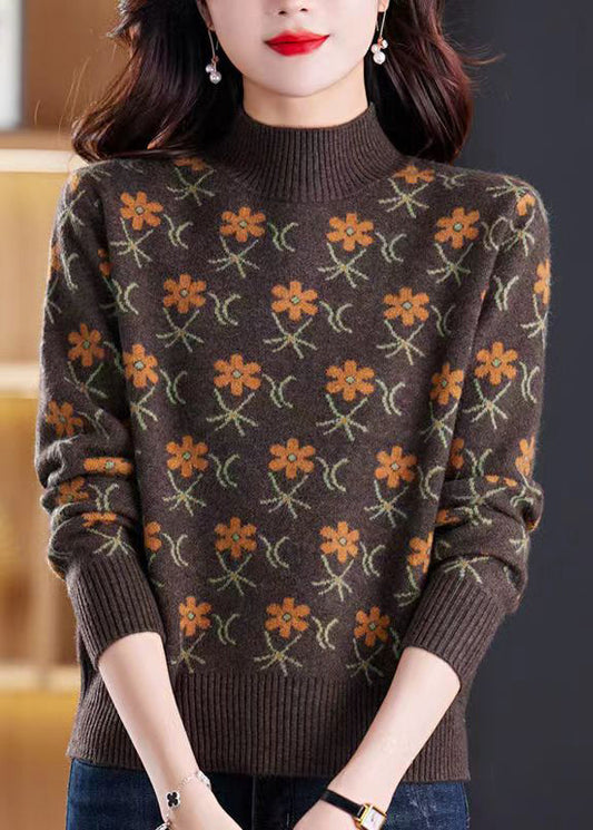 Jacquard Coffee Turtleneck Cozy Knit Sweaters Spring Tb019