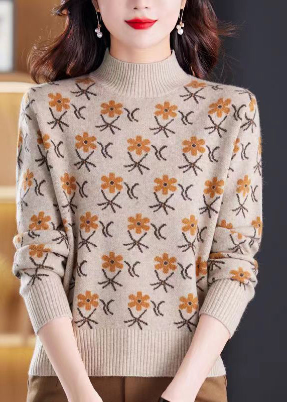 Jacquard Coffee Turtleneck Cozy Knit Sweaters Spring Tb019