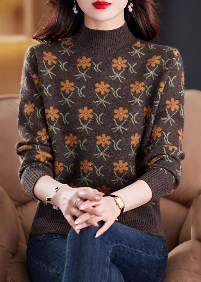 Jacquard Coffee Turtleneck Cozy Knit Sweaters Spring Tb019
