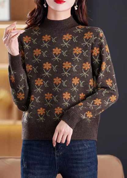 Jacquard Coffee Turtleneck Cozy Knit Sweaters Spring Tb019