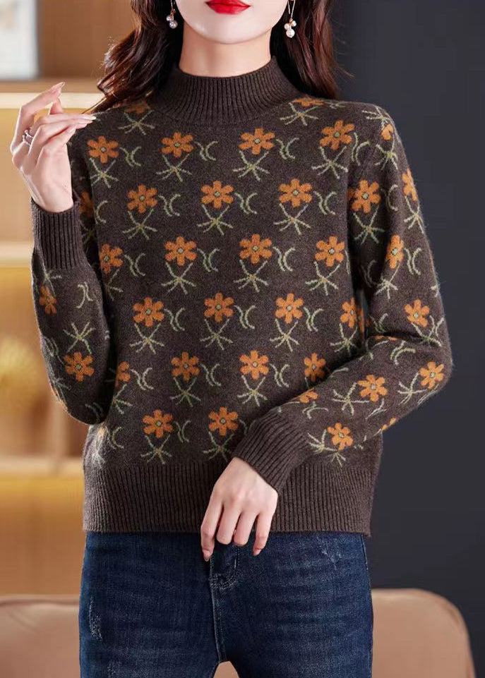 Jacquard Coffee Turtleneck Cozy Knit Sweaters Spring Tb019