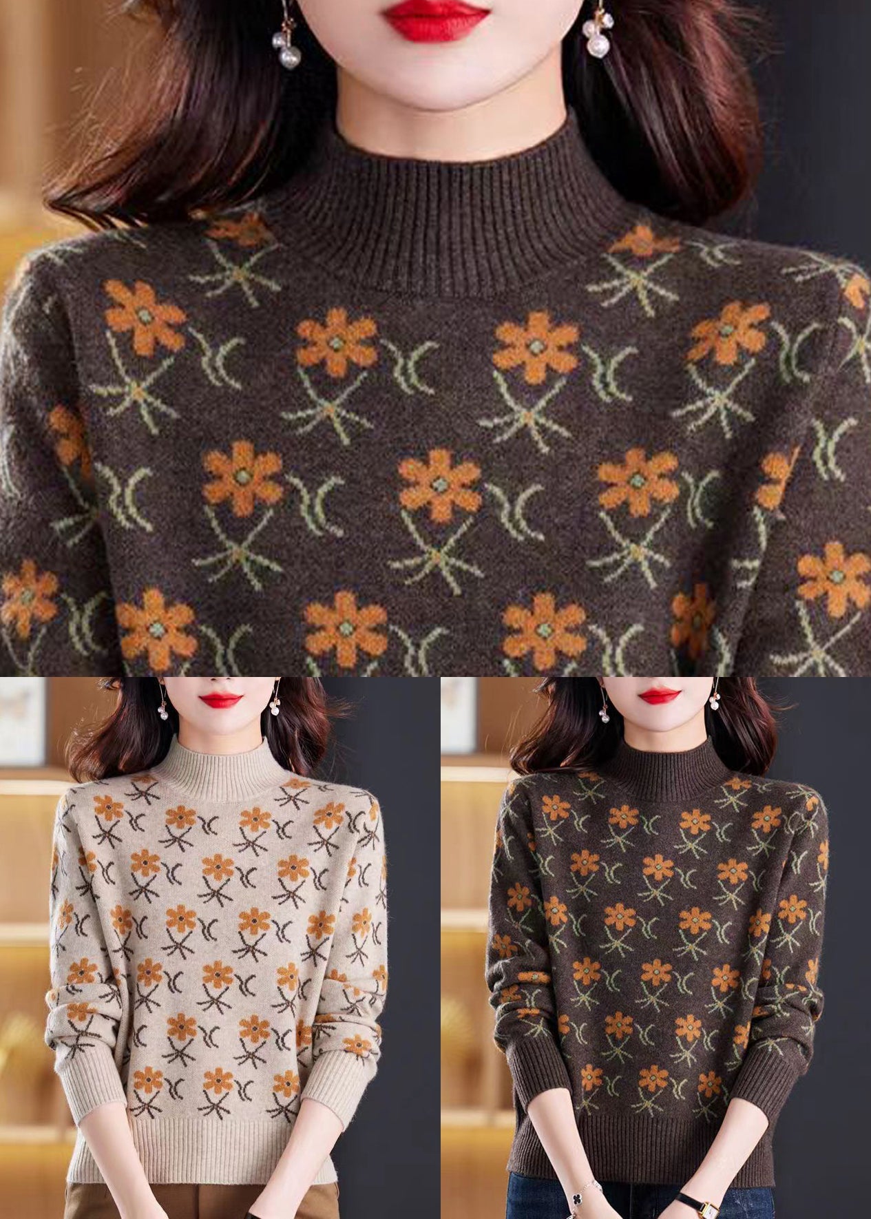 Jacquard Coffee Turtleneck Cozy Knit Sweaters Spring Tb019