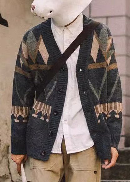 Spring Dark Gray Neck V Knit Jacquard Coat Button