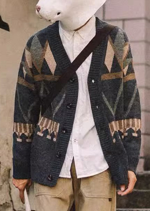 Spring Dark Gray Neck V Knit Jacquard Coat Button