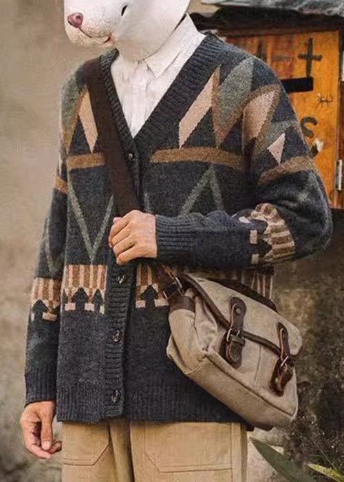 Spring Dark Gray Neck V Knit Jacquard Coat Button