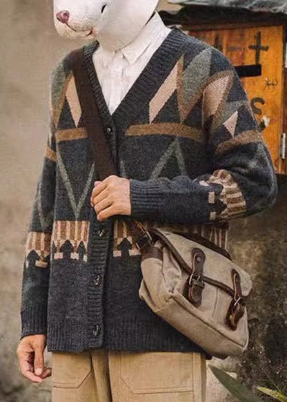 Spring Dark Gray Neck V Knit Jacquard Coat Button