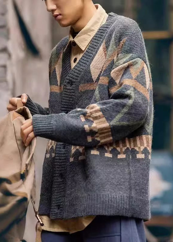 Spring Dark Gray Neck V Knit Jacquard Coat Button