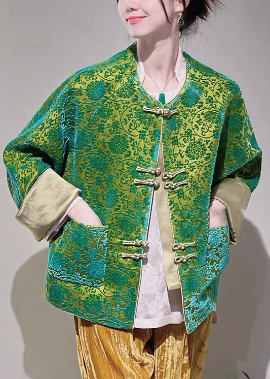 Jacquard Green Button Pockets Silk Blouse Long Sleeve Qa1093