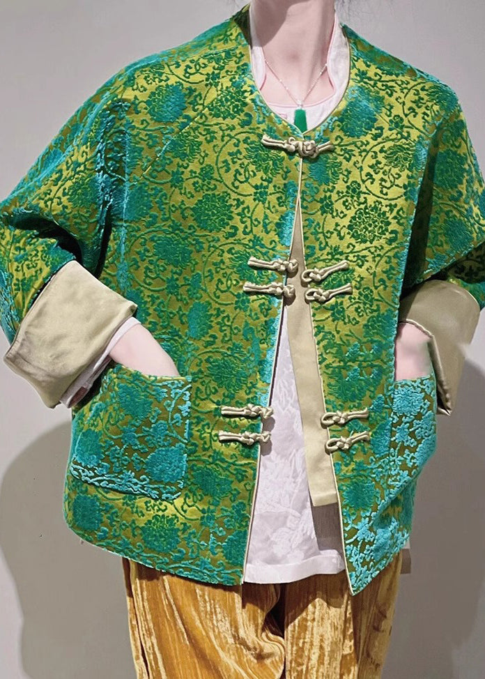 Jacquard Green Button Pockets Silk Blouse Long Sleeve Qa1093