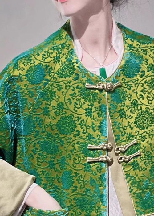 Jacquard Green Button Pockets Silk Blouse Long Sleeve Qa1093