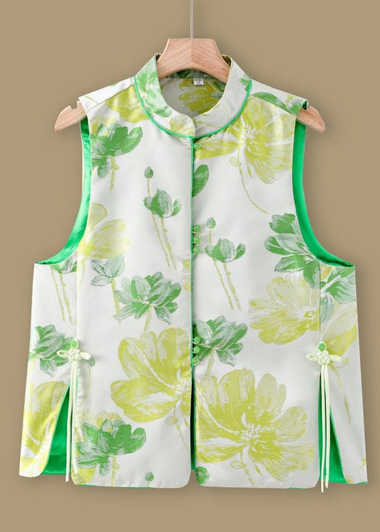 Jacquard Green Stand Collar Button Silk Waistcoat Sleeveless Qo014
